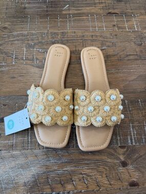 Women's Pearl-Embellished Tan Slide Sandals vacation cruise beach summer